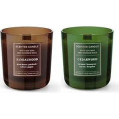 Dekohelden24 Scented Candle – Lantern – Candle in Glass – Set of 2 / Cedarwood and Sandalwood Scent – L / W x H 8.5 x 8 x 8.5 cm, 150 g per candle, UF-Wood-2, Green/Brown