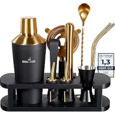 BARMINGO® Stainless Steel Cocktail Set 11 Pieces - 700 ml Cocktail Shaker Set with Stand and Bar Accessories, Cocktail Shaker Set, Bartender Set, Cocktail Mix Set, Bar Set, Gift Set, Black & Gold