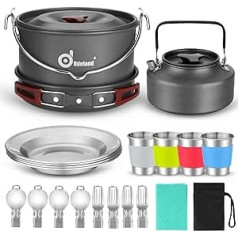 Кемпинг Odoland Kochgeschirr Set Outdoor, Camping Geschirr Set mit Faltbare Kochtopf Camping Teekessel Pfanne, Camping Kochset für Outdoor Kochen Picknick Wandern 4 Personen