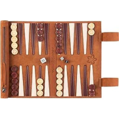 Melia Games Backgammon roll up, ceļojumu bekgemons, kas izgatavots no vislabākās īstas nubuka ādas ar rokām darinātiem koka žetoniem. Krāsa: brūna.