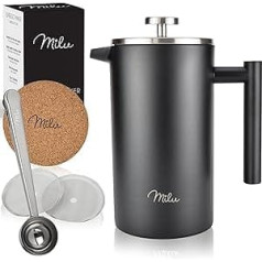 Milu French Press kafijas automāts, 350 ml, 600 ml, 1 L, nerūsējošā tērauda kafijas spiede, kafijas automāts mājām, ceļojumiem, kempingiem, iekļauts paliktnis, karote, maiņas filtrs (melns, 1000 ml (5 tases)