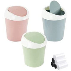 3 gab. Mini atkritumu tvertne, QLFJ-FurDec galda atkritumu tvertne ar grozāmu vāku ar 6 ruļļiem atkritumu maisiem, kompakta dizaina mini kosmētikas tvertne 10 x 12 x 17 cm, galda atkritumu tvertne izlietnei (zila, rozā,