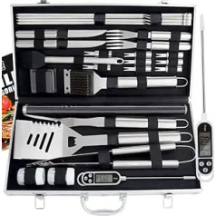 28 Pieces Perfect Grill Set for Men Gift – Barbecue Case with Grill Mat for Men – Complete Grill Set Stainless Steel Barbecue Cutlery with Aluminium Storage Case for Men Dad Women