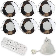 6 x LED Recessed Spotlights Chrome Round 7 Watt Warm White 12 V MR16 for Bathroom, Outdoor Use IP44 Diameter 60-75 mm Bore Hole Bathroom Patio Recessed Ceiling Spotlight Ceiling Spotlight Ceiling