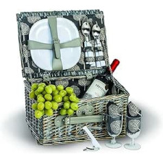 Boothbay Two Person Picnic Basket, Willow Picnic Basket with Two Plates/Cutlery/Wine Glasses/Cotton Napkins/Corkscrew (14 Pieces Included) (Grey)