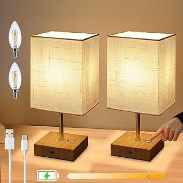 Lightess 2 x naktslampa Bezvadu aptumšojama skārienjūtīga galda lampa koka akumulatoru galda lampa USB moderna vintage auduma abažūrs ar E14 spuldzi silti balts viesistabai guļamistabas galds bērnu istabai balts