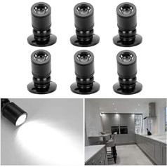 Elitlife komplekts ar 6 mini LED padziļinātiem prožektoriem Mini punktveida padziļinātas gaismas LED korpusa gaisma alumīnija vēsā baltā krāsā ar transformatora sudraba drēbju skapi (melns, vēsi balts)