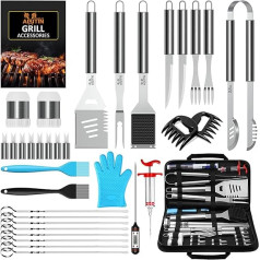 AISITIN Barbeque Grill Cutlery Set, 35 Pieces Grill Accessories Set with Grill Mat made of High Quality Stainless Steel for Garden and Camping for Men and Women Incl. Case