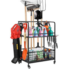 Garden Tool Storage Organizer with Wheels, Yard Tool Stand for Garage, Lawn and Outdoor, Steel Sheds, Pug and Buckets, Garden Tool Trolley