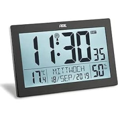 ADE CK1927 Radio-Controlled Alarm Clock Large Digits LCD Display with Optional Lighting Standing Clock Table Clock and Calendar with Day of the Week Senior Clock, Thermometer Hygrometer, Black