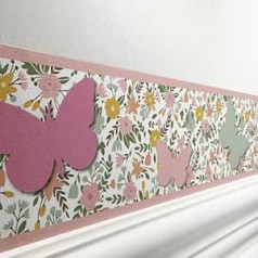 LOVELY LABEL Pašlīmējošās apmales bērnu istabai - Sienas apmales bērnu istabai Bērnu istabai 450 x 11,5 cm - Tapetes apmales kā sienas dekorācija Meitene zēns Ziedi Rozā / Zaļa