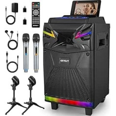 DSP Bluetooth Karaoke Machine with 2 Microphone Speakers, 600 W 10 Inch Subwoofer PA System Live Streaming/Sound Effects/DJ Lights/FM Radio for YouTube, Tiktok, iOS, Android GTSK10-1