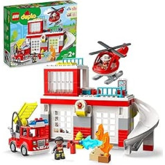 LEGO 10970 Duplo ugunsdzēsēju depo ar helikopteru, ugunsdzēsēju mašīnas rotaļlietu bērniem no 2 gadiem ar ugunsdzēsēju mašīnu