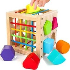 HELLOWOOD Montessori šķirošanas spēle no 1 gada, izglītojošas rotaļlietas motorisko prasmju kubs ar 8 pievienojamiem celtniecības blokiem, koka rotaļlieta bērniem no 1 2 3 gadu vecuma