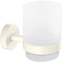 tesa Moon White Frosted Glass Tumbler with Holder, Matt White, for Industrial Style Bathrooms and Modern Bathrooms, Drill-Free, Includes Adhesive Solution, 96 mm x 70 mm x 109 mm