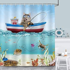 Bonhause Shower Curtain Funny Cat Blue Ocean Shower Curtains 180 x 180 cm Anti-Mould Waterproof Polyester Fabric Washable Bathroom Curtain for Bathroom with 12 Hooks