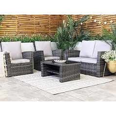 Rattan Garden Furniture Set with Grey Cushions, 4 Seater Sofa, Modern Chairs and Coffee Table for Conservatory, Sunroom, Patio, Grey