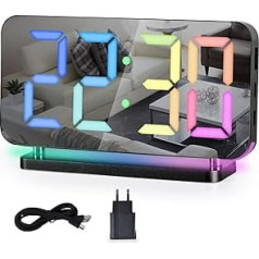 SZELAM digitālais modinātājs, RGB modinātājs gultai, 7,4 collu LED spoguļpulkstenis ar USB uzlādes portu, 10 režīmi RGB nakts gaisma, 11 krāsu LED displejs, automātiska aptumšošana, 5 skaļuma līmeņi, galds