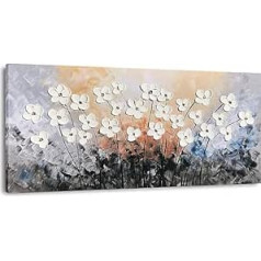 Fokenzary Hand Painted Colorful Abstract Painting on Canvas White Flowers Wall Decor Framed Ready to Hang