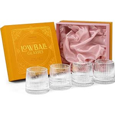 GLASSIQUE CADEAU Vintage Art Deco Speakeasy Ribbed Gin + Rum Rocks kokteiļu glāzes | Komplektā 4 | 260 ml Ribbed Crystal Tumbler glāzes kokteiļiem | Neparastas Lowball kristāla brilles