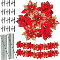 ABOOFAN 24Gb Ziemassvētku ziedi Poinsettia Mākslīgie ziedi ar klipšiem un kātiem Ziemassvētku eglīšu rotājumi Ziemassvētku eglīšu vainaga rotājumi