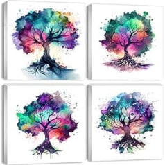 Tree of Life Canvas Wall Art 4 Pieces Abstract Colourful Watercolor Tree Landscape Painting Bathroom Wall Decoration Minimalist Nature Country Landscape Picture Modern Artwork for Living Room