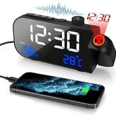 Alarm Clock Bedside Digital Clocks with Mains Operated for Bedroom with FM Radio Projection Clocks USB Powered Voice Controlled Alarm Clock with Week, Temperature, Humidity, Snooze Function