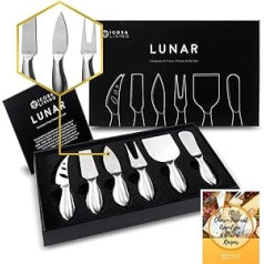 ICOSA Living Lunar Premium 6 daļiņu siera nažu komplekts — pilnīga nerūsējošā tērauda siera nažu kolekcija ar 15 svētku receptēm (gatavs dāvināt)