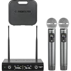 Phenyx Pro mikrofona bezvadu mikrofonu sistēma ar korpusu, bezvadu rokas mikrofona komplekts vokālam, karaoke, baznīca, 2 x 30 UHF regulējamas frekvences, 200 pēdu diapazons (PTU-52)