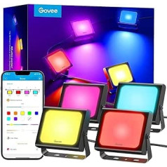 Govee Smart LED prožektors, RGBICWW WiFi āra prožektors darbojas ar Alexa, 2700-6500K, aptumšojams LED gaisma ar krāsu maiņu, IP66 ūdensizturīgs, iepakojumā 4 Ziemassvētku rotājumi āra