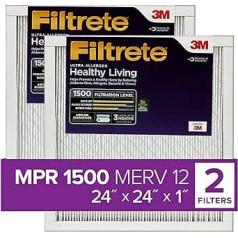 Filtrete 24 x 24 x 1 Air Filter, MPR 1500, MERV 12, Healthy Living Ultra-Allergen 3 Months Pleated 1 Inch Air Filter, 2 Filters