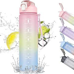 Codicile Trinkflasche 1L,Trinkflasche mit Strohhalm x2 und Zeitmarkierung, auslaufsichere Sportflasche mit BPA Frei Deckel für Sport, Fitnessstudio, Büro, Camping, Laufen (rosa Farbverlauf)