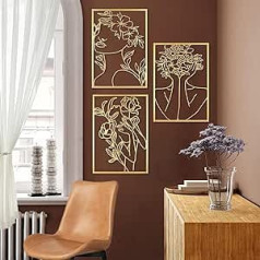 Zelta sienu apdares metāls Trīsdaļīgs abstrakts sievietes sienas māksla Moderns sienu dekors Sieviešu minimālisma sienu apdare Metāls mājas birojam Dzīvojamās istabas viesnīcas apdare (40 x 28 cm)