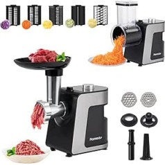 Parmedu Electric Cheese Grater and Meat Grinder: 250W Electric Vegetable Slicer, Electric Slicer, Chopper with 5 Free Attachments - Meat Grinder with 2 Plates, Sausage Maker and Kibbe Set