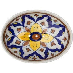 Tranquillo Blue Pottery Stoneware Oval Soap Dish with Floral Yellow/Blue Print with Holes for Drainage 13 x 10 x 4 cm