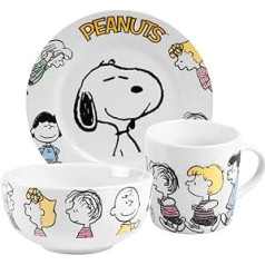 Ģimenes brokastu komplekts The Peanuts Snoopy, 3-daļīgs trauku komplekts, šķīvis, bļoda un krūze, porcelāna balts