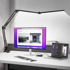 SAVSOO LED Desk Lamp - Flexible with Curved Double Head, 24 W, 5-Way Dimmable, Timer, Wireless Remote Control - Eye-Friendly Swivel Arm Architect Lamp, Universal Clampable Table Lamp