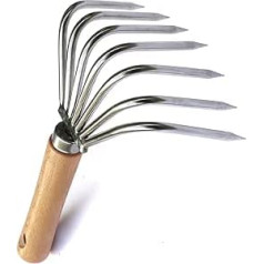 7 Prong Garden Hand Rake 20.3 cm Cultivator Claw Small Japanese Gardening Weeding Tool Short Wooden Handle Heavy Duty Stainless Steel Ninja Claw for Weeding, Combing Leaves, Digging