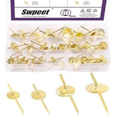 Swpeet 60Pcs 4 verschiedene Größen Gold Bild Aufhänger Sortiment Kit, 10Ib 20Ib 40Ib 60Ib Professionelle Eisen Legierung Nagelhaken Foto Bilderrahmen Aufhänger Kit auf Holz, für Uhr, Spiegel