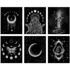 ORIGACH Pack of 6 Moon Phase Wall Pictures, 20 x 25 cm, Minimalist Boho Wall Decoration, Moon Phases, Star, Witch Wall Pictures, Unframed Canvas Pictures, Artworks for Bathroom, Bedroom, Gallery