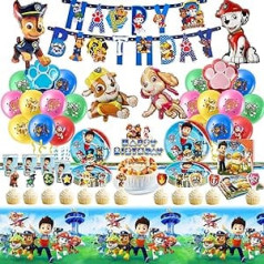 92 Pieces Paper Plates Children's Birthday Party + Paw Dog Patrol Birthday Decoration, Birthday Tableware Set, Reusable Cups Napkins Tablecloth Set Party Tableware Birthday Children's Birthday for