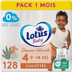 Biksītes Lotus Baby Douceur Naturelle 4. izmērs (9-14 kg), 1 mēnesis, 128 biksītes