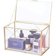 Utopz Decorative Clear Glass Box with Gold Geometric Line and Brass Box Jewellery Box Treasure Box 8 x 4.5 x 5 Inches