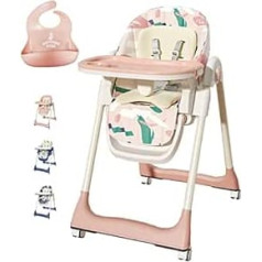 Baby High Chair - High Chair - Baby Chair - Silicone Bib as a Gift - Height Adjustable - Removable Tray - 4 Castors - Comfortable Seat - Removable and Easily Washable Cover
