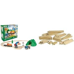 BRIO World 33878 - Starter Set Freight Train with Crane - The Ideal Entry to the Brio Wooden Train - Recommended for Children from 3 Years & Train 33402 - Medium Rail Assortment