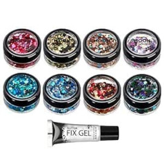 Moon Glitter Mystic Coarse Glitter - 100% kosmētisks spīdums sejai, ķermenim, nagiem, matiem un lūpām - 3g - 8 krāsu komplekts