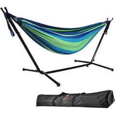 Goutime 2.6m Double Hammock with Stand, 250kg Load Capacity, Includes Portable Carry Bag, Perfect for Indoor Outdoor Patio, Patio, Yard, Balcony (Blue & White)