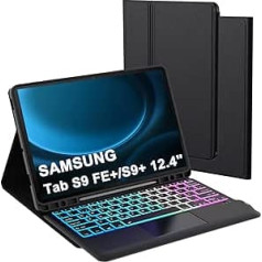 ROOFEI Galaxy Tab S9 FE+/S9 Plus futrālis ar tastatūru: 12,4 collu Galaxy Tab S9+ noņemama tastatūra ar skārienpaliktni un 3 Zozen 7 krāsu apgaismojumu — bezvadu vācu QWERTZ izkārtojuma tastatūras cilne S9FE Plus