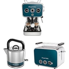 Russell Hobbs brokastu sērija: espresso automāts (portafiltra aparāts 15 bāri) + tējkanna (1,5 l, ātras vārīšanas funkcija) + tosteris (2 šķēlītēm, īpaši platas grauzdiņa slotas) [atšķirības okeāna zilā sērija]