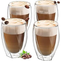 ElbFuchs® Latte Macchiato brilles ar dubultām izliektām sienām [4 x 330 ml] | Termiskās brilles ar dubultām sienām | Kapučīno krūzes Stikls | Kristāldzidras divsienu brilles | Tējas glāzes | Kafijas glāzes